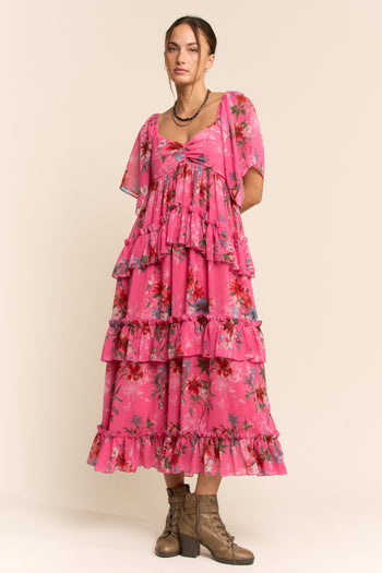 Davi & Dani Floral Printed Ruffled Dress in Orchid Pink