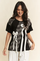 Davi & Dani Color Block Top with Lace and Bow Details in Black