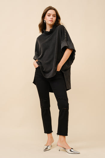 Blue B Solid Color Funnel Neck Studded Dolman Sweatshirt in Black ON ORDER