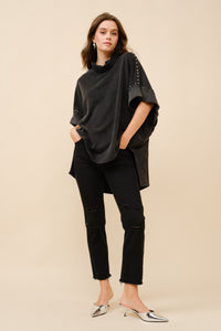 Blue B Solid Color Funnel Neck Studded Dolman Sweatshirt in Black