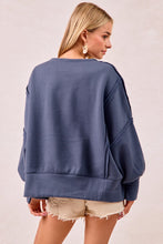 Load image into Gallery viewer, BiBi OVERSIZED French Terry Top with Contrasting Fleece "LOVE" Letter Patches in Dusty Blue/Ivory
