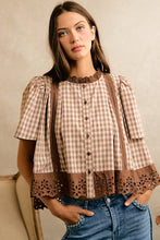 Load image into Gallery viewer, So Me Cotton Check Lace Trim Blouse in Brown
