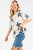 Sage+Fig OVERSIZED Top with Frayed Edge Denim Stars in Cream