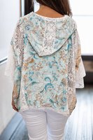 POL Mixed Floral Crochet Hoodie Top in Mint Sage Multi