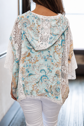 POL Mixed Floral Crochet Hoodie Top in Mint Sage Multi