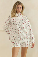 Veveret Cozy Holiday Print Lounge Mock Neck Top in White Combo