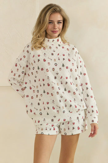 Veveret Cozy Holiday Print Lounge Mock Neck Top in White Combo