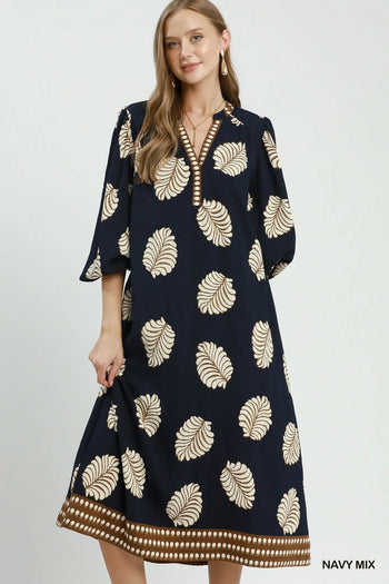 Umgee Mix Leaf Print Belted Midi Dress in Navy Mix