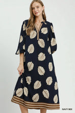 Load image into Gallery viewer, Umgee Mix Leaf Print Belted Midi Dress in Navy Mix
