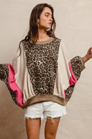 BiBi Oversized Leopard and Mixed Knit Top in Pink/Leopard