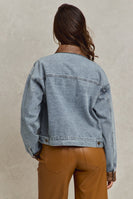 So Me Denim Jacket with Contrasting Faux Leather Details in Denim/Brown