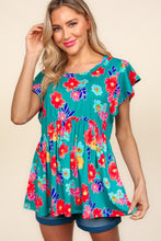 Load image into Gallery viewer, Haptics Floral Print Peplum Babydoll Top in Teal/Scarlet
