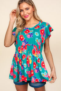 Haptics Floral Print Peplum Babydoll Top in Teal/Scarlet