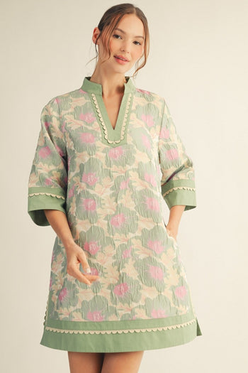Jodifl Lovely Floral Jacquard Print Dress in Sage