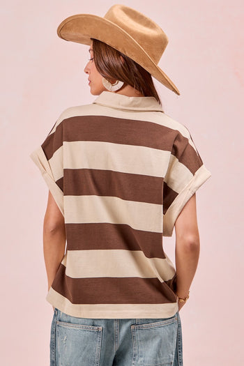 BiBi Collared Wide Striped Top in Taupe/Brown