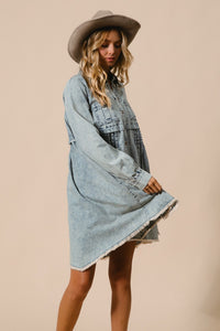 BiBi Denim Mineral Washed Button Down Dress in Light Denim