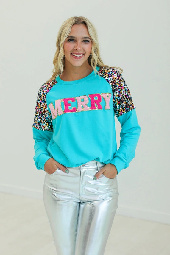 Southern Grace Solid Color Top with MERRY Patched Front and Sequin Shoulders in Turquoise