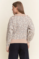J.nna Knit Leopard Print Sweater with Contrasting Ribbed Trim in Grey