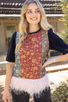 VOY Ostrich Feathered Hem Multi Color Jacquard Top in Multi