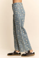 Davi & Dani High Waisted Floral Print Pants in Blue Denim