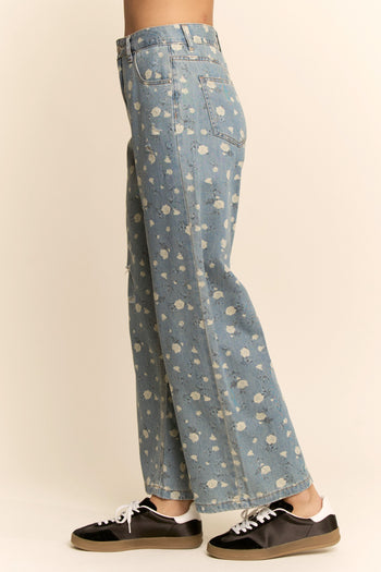 Davi & Dani High Waisted Floral Print Pants in Blue Denim
