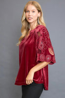 Umgee Velvet Split Neck Top with Floral Lace Sleeves in Wine
