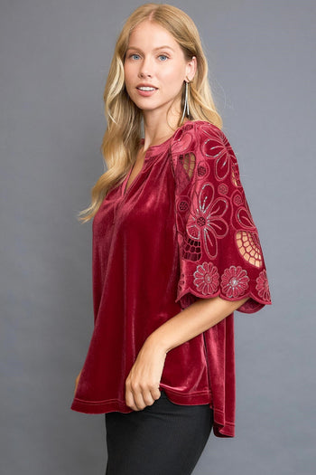 Umgee Velvet Split Neck Top with Floral Lace Sleeves in Wine