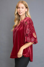 Load image into Gallery viewer, Umgee Velvet Split Neck Top with Floral Lace Sleeves in Wine
