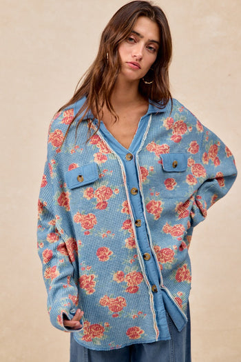 BiBi Floral Print Waffle Thermal Knit Shacket in Floral Denim