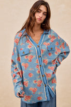 Load image into Gallery viewer, BiBi Floral Print Waffle Thermal Knit Shacket in Floral Denim
