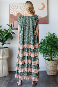 Oli & Hali Mixed Floral Print Layered Maxi Dress in Green