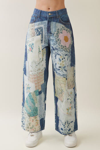 Veveret Digitally Printed Patchwork Denim Pants in Dark Denim