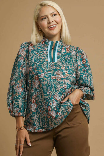 Umgee Mixed Floral Print Top in Teal Mix