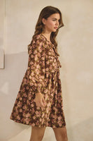LovLov Corduroy Floral Print Mini Dress in Brown