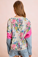 BiBi Floral Terry Knit Top with Denim Sleeves in Ivory