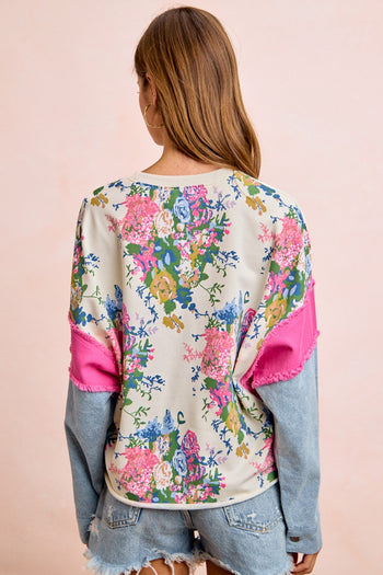 BiBi Floral Terry Knit Top with Denim Sleeves in Ivory