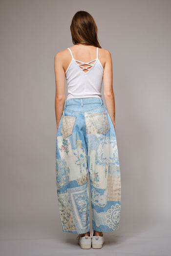 Blue B Patch Print Barrel Leg Jeans in Light Denim