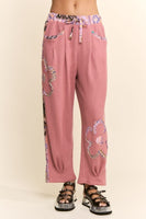 Davi & Dani Textured Knit Pants with Flower Patches in Dusty Rose