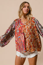 Load image into Gallery viewer, BiBi Mixed Prints Peasant Top in Copper Combo
