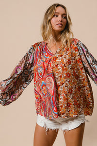 BiBi Mixed Prints Peasant Top in Copper Combo