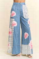 Davi & Dani Pinstripe Denim Lace Panel Wide-Leg Pants in Light Denim Multi