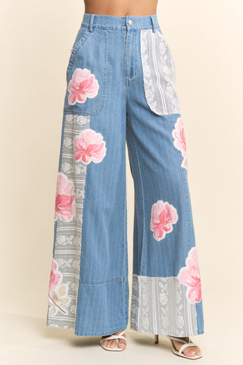 Davi & Dani Pinstripe Denim Lace Panel Wide-Leg Pants in Light Denim Multi