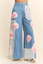 Load image into Gallery viewer, Davi &amp; Dani Pinstripe Denim Lace Panel Wide-Leg Pants in Light Denim Multi
