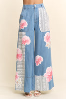 Davi & Dani Pinstripe Denim Lace Panel Wide-Leg Pants in Light Denim Multi