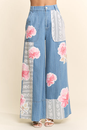 Davi & Dani Pinstripe Denim Lace Panel Wide-Leg Pants in Light Denim Multi