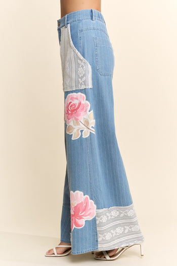 Davi & Dani Pinstripe Denim Lace Panel Wide-Leg Pants in Light Denim Multi