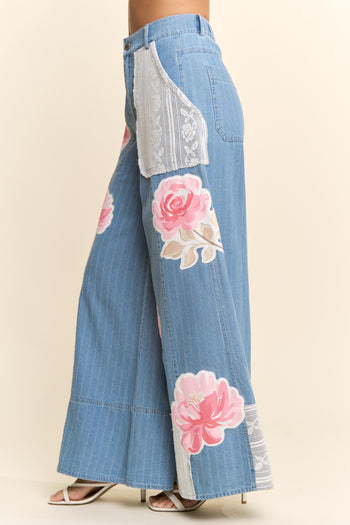 Davi & Dani Pinstripe Denim Lace Panel Wide-Leg Pants in Light Denim Multi