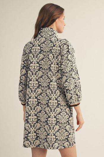 Jodifl Front Half Zip Up Baroque Floral Pattern Dress in Black