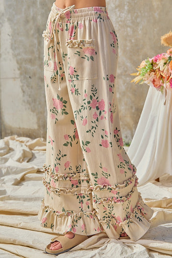 BiBi Flower Printed Twill Ruffled Detail Wide Pants in Cream