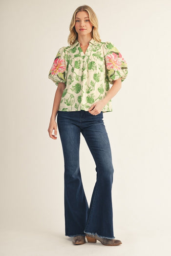 Jodifl Embroidery Detail Floral Babydoll Top in Green